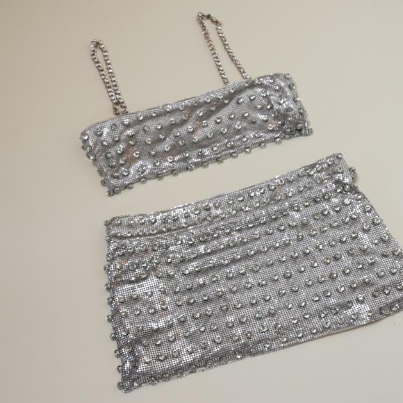 ‼️SALE‼️ Retrofete Silver Rhinestone Bead Chainmail Skirt Crop Top - Picture 8 of 15